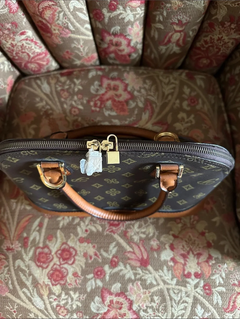 Brown Patterned Dome Satchel Handbag with Tan Trim
